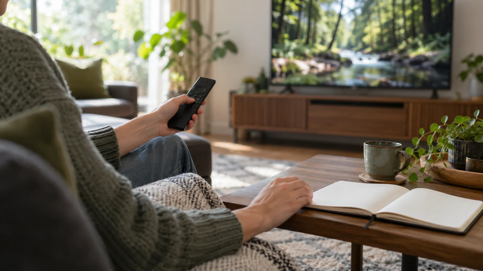 IPTV guide illustration: TV remote control and notes on modern home entertainment.